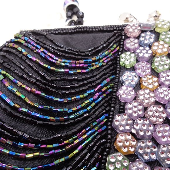 Vintage inspired Black Drape Bead & Flower Bead Evening Bag Purse - Picture 3 of 9